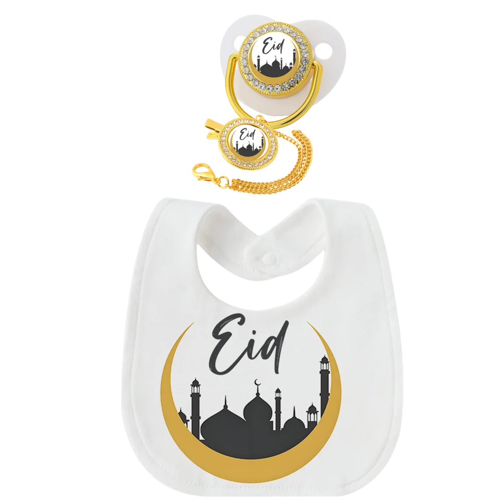 Muslim Print Baby Bib Bandana Drool Bib Set with Pacifier Silicone Nipple Soother Clip Holder Strap Cotton Soft 0-12 Months Gift