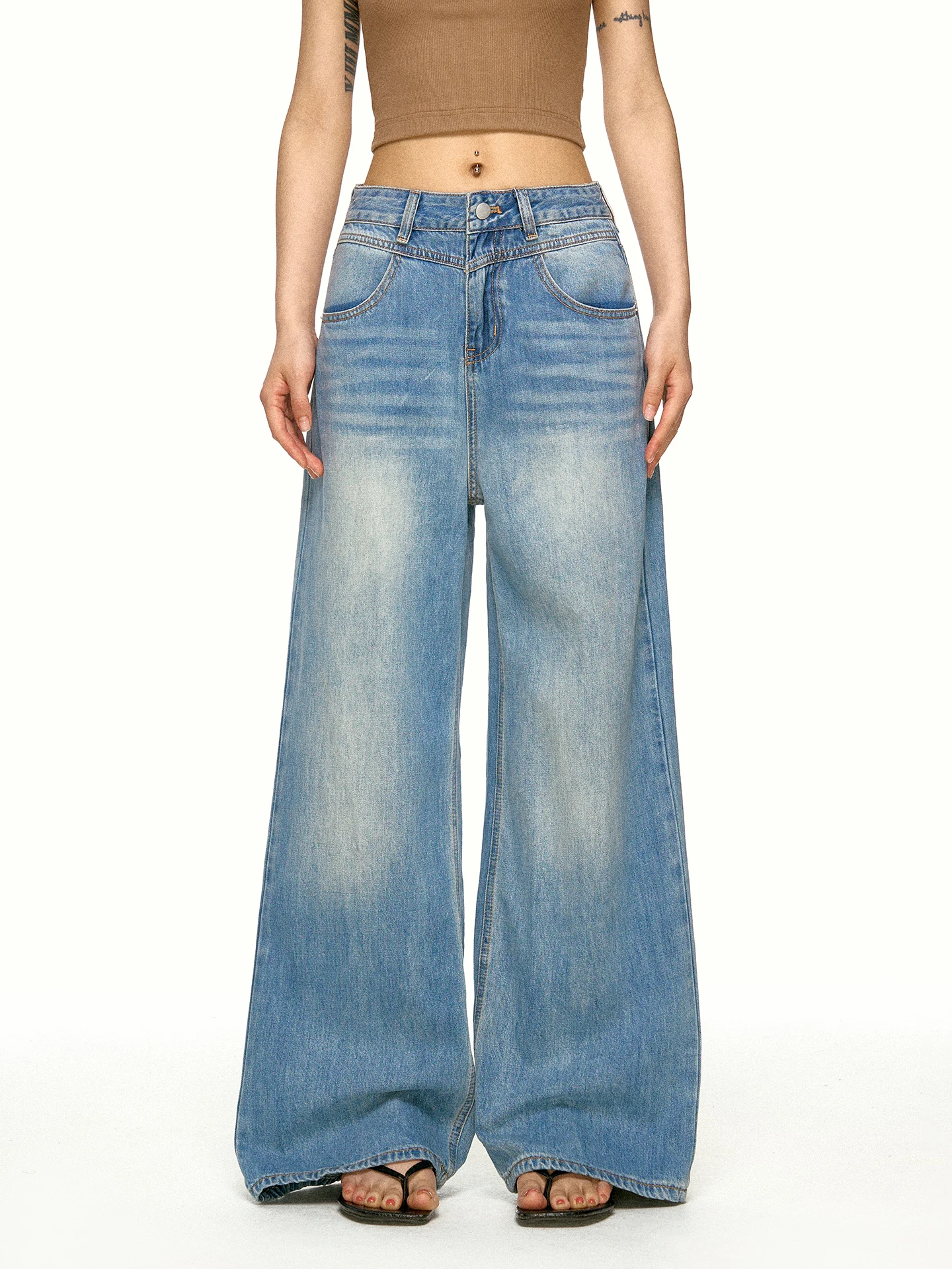 Aaisup American Retro Washed Wide Leg Jeans Women Summer New Loose Versatile Slim Straight Floor-Length Pants