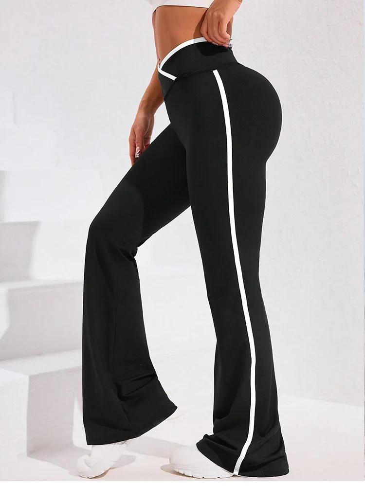 Women's black and white contrasting high-waisted bootcut trousers, breathable, daily wear for yoga and running.