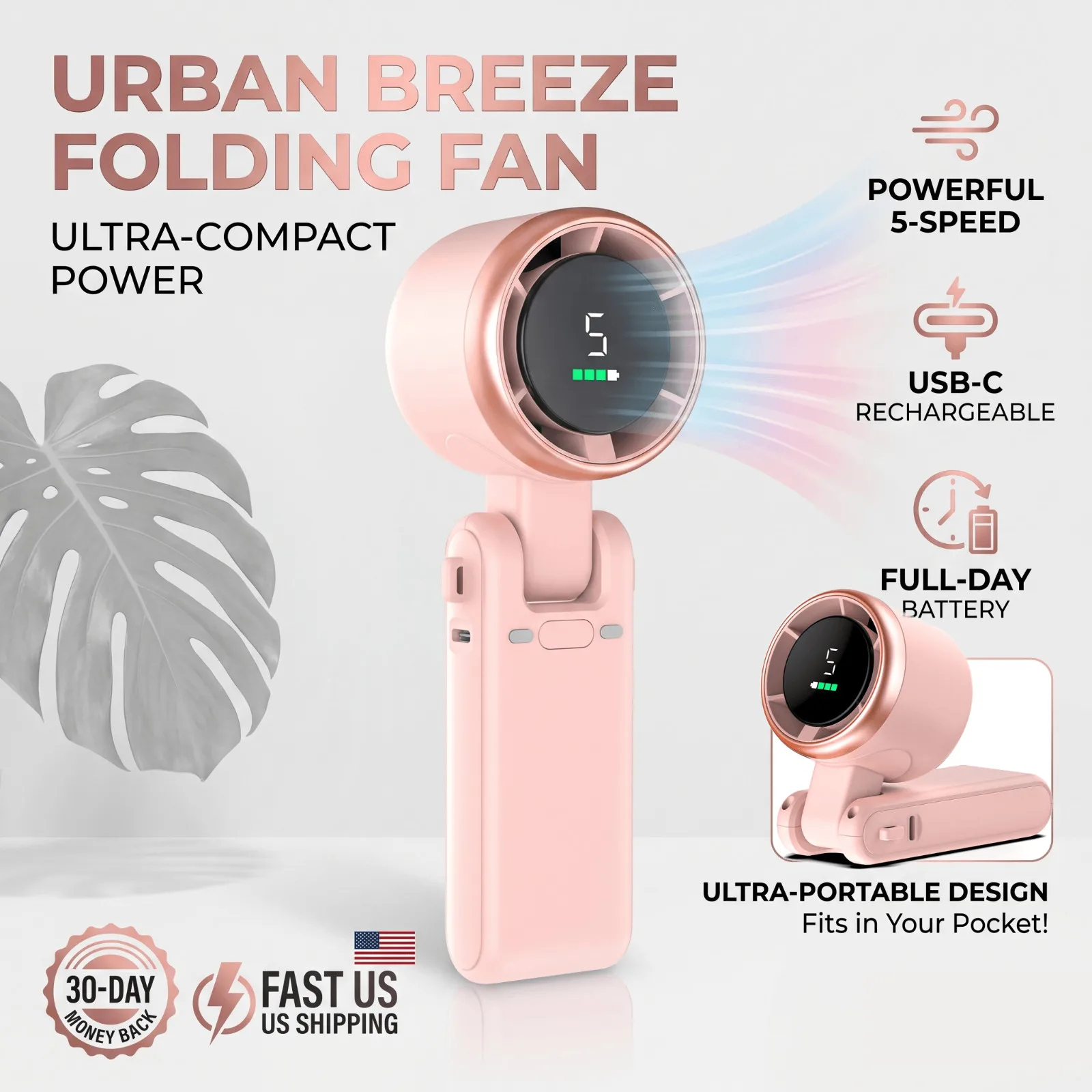 Portable Handheld Turbo Fan - 5 Gear High Speed 4000mAh Rechargeable Mini Personal Hand Fan Blow Cold Air, Battery Operated Travel Essentials, Beach Vacation, Gifts for Women, Men (Pink)
