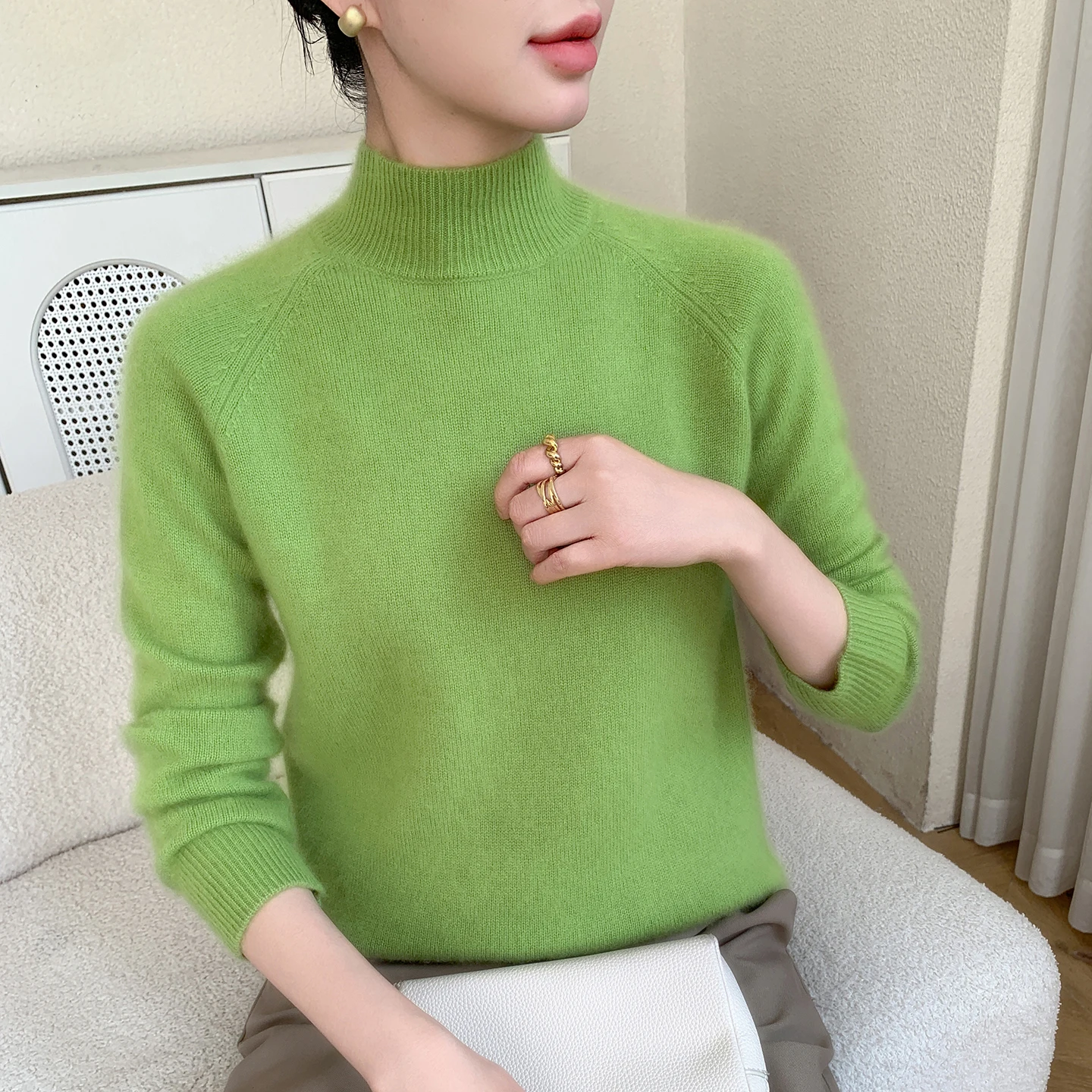 Autumn and winter new sweater 100% pure cashmere women's semi high neck knitted pullover fashionable loose warm shirt top