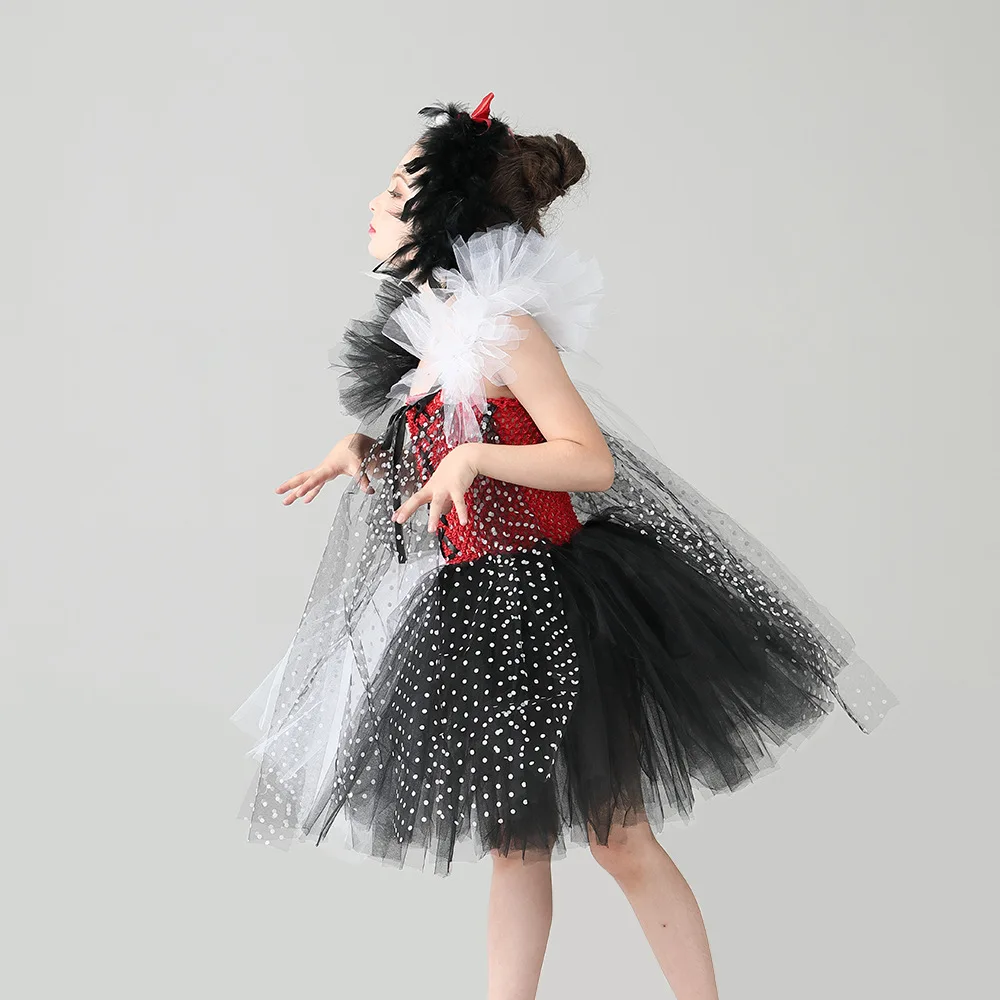 Children Fresh And Fashionable Black White Stripe Witch Mesh Sparkly Tutu Dress With Headband For Halloween Masquerade Party Set