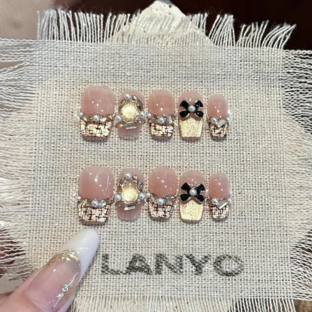 New 10Pcs Colorful Cat Eye Kawaii Handmade Press On Nails Full Cover Hand-Painted Cat Lace Bowknot Pearl Wearable False Nail Art