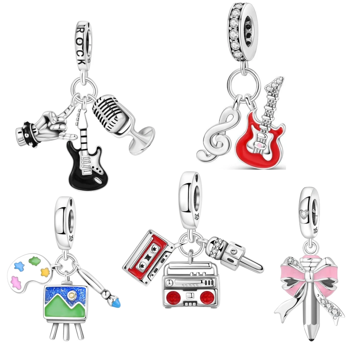 

925 Sterling Silver Music Rock Hobby Pendants Bracelet Charms Fit Jewelry Party Beads DIY Exquisite Festival Gifts Accessories