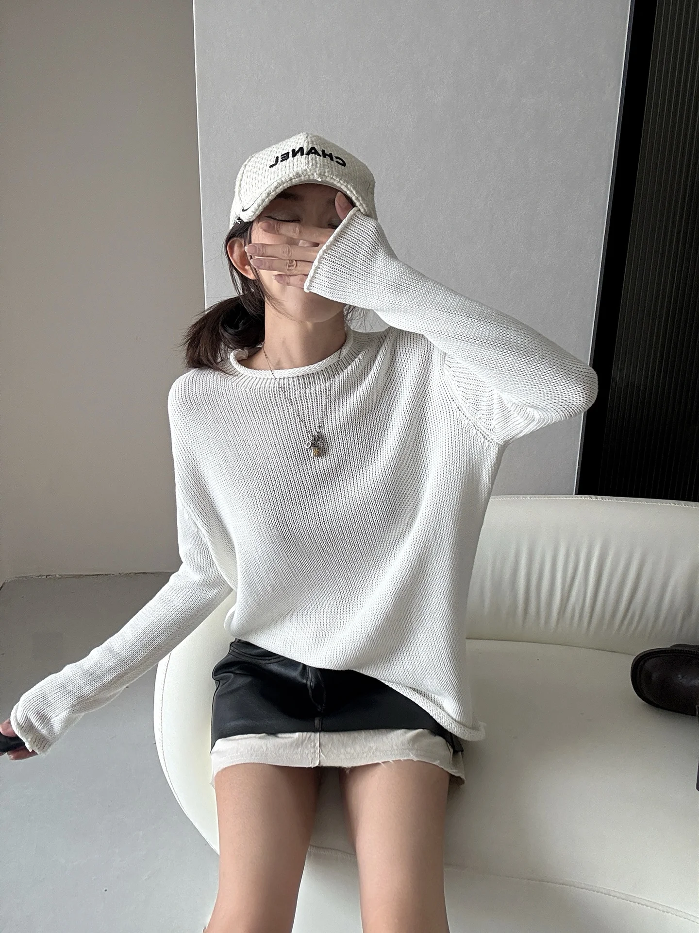 Casual Loose Knitted Sweater Women's Long Sleeve Overhead Cotton Village Style round Neck Transparent Leisure Fashion Top