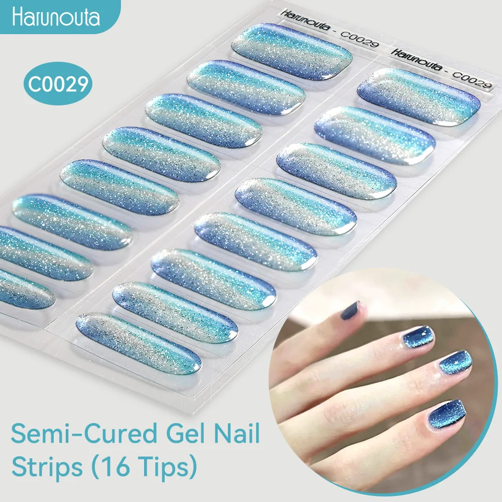 

16Strips Gel Nail Stickers Semi Cured Sparkly Shinning Gel Nail Polish Strips Gradient Auroras Long Lasting Nail Art Stickers