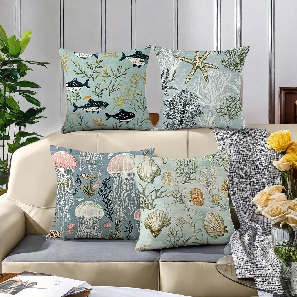 -4pcs set, printed pillowcase. The pattern includes fish, seaweed, starfish, coral, jellyfish, seaweed, shells and other marine