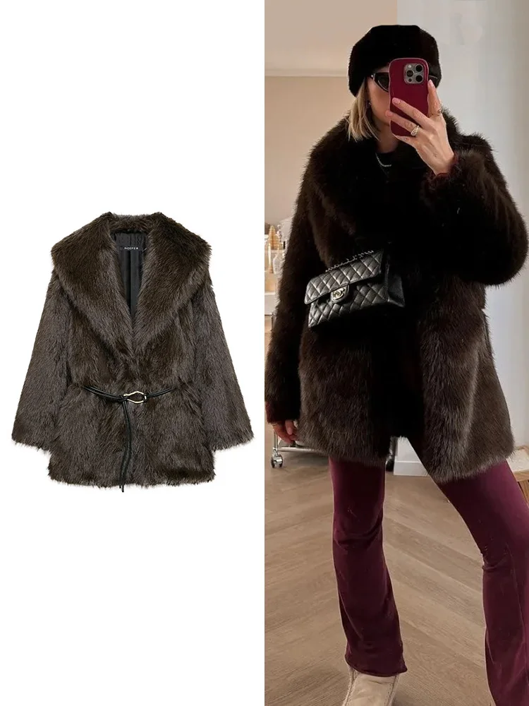 TRAF casual women's autumn and winter new Europe and the United States retro style brown faux fur effect in the long coat jacket