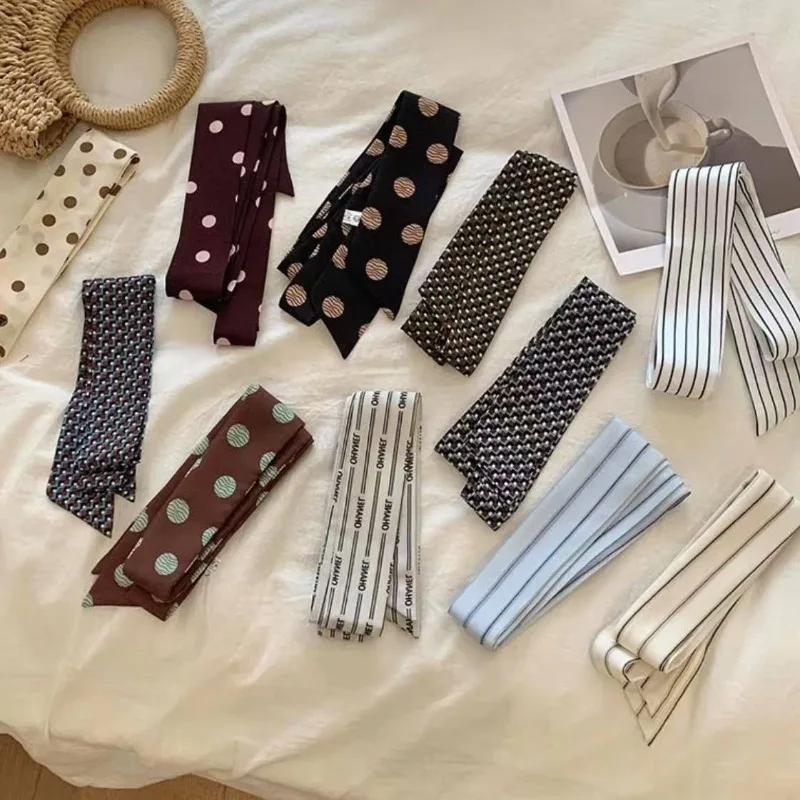 

Long Skinny Scarf, Polka Dot Stripe Print Neck Scarf, Korean Style Hair Scarf Bag Charm Twilly for Women