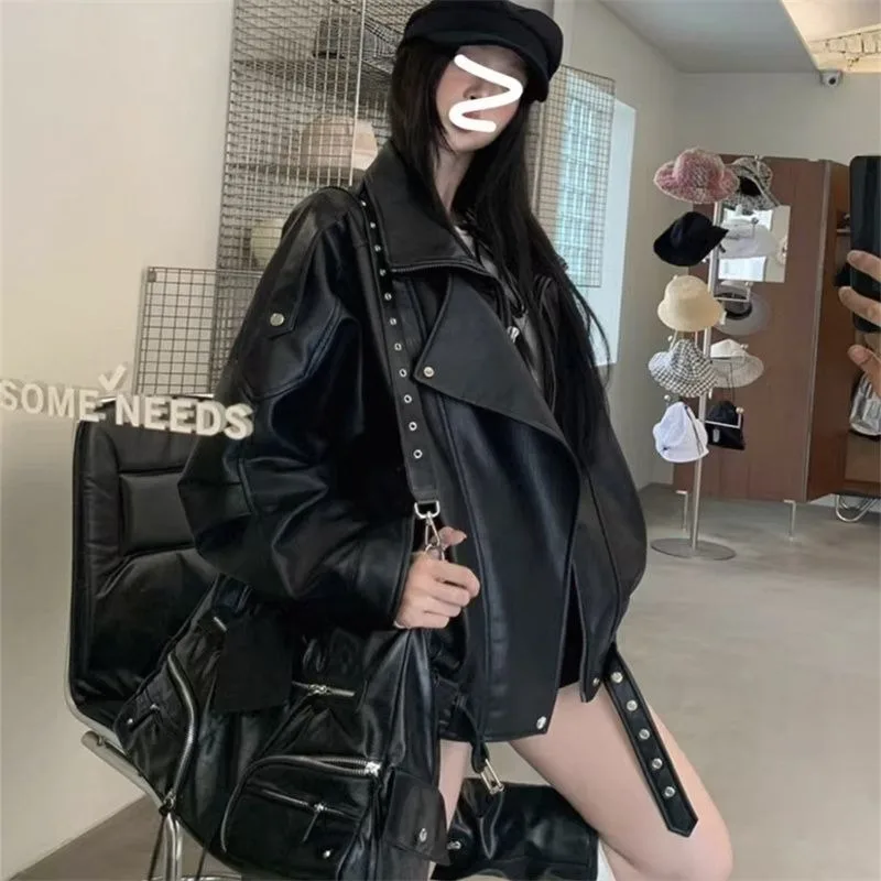 American Fashion Locomotive Leather Jacket Women' Autumn 2026 New Loose Versatile Retro Leather Jacket Foreign Style Temperament