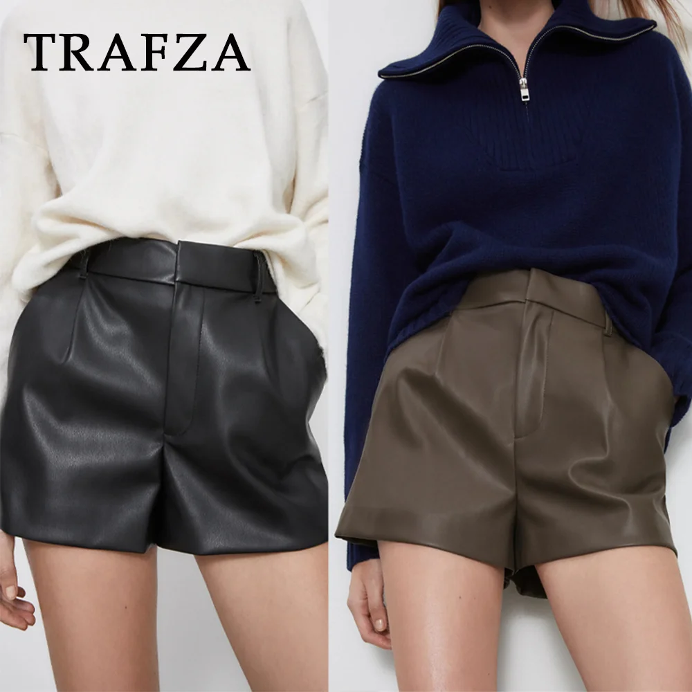 TRAFZA 2025 Autumn Winter Fashion Women Shorts Vintage PU Leather Shorts High Waist Undefined Trousers Female Office Wear Shorts