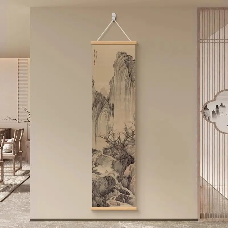 Landscape Wall Art, Wooden Frame Ink Painting for Living Room Meditation Decor, Asian Minimalist Scroll Hanging Painting