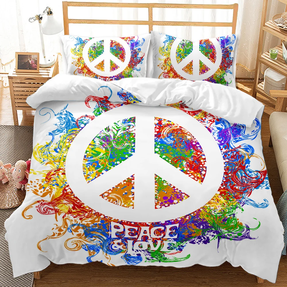 Hippie Peace Art Duvet Cover Peace Sign Artwork Bedding Set Kids Boys Girls Comforter Cover Rainbow 2/3pcs Polyester Quilt Cover