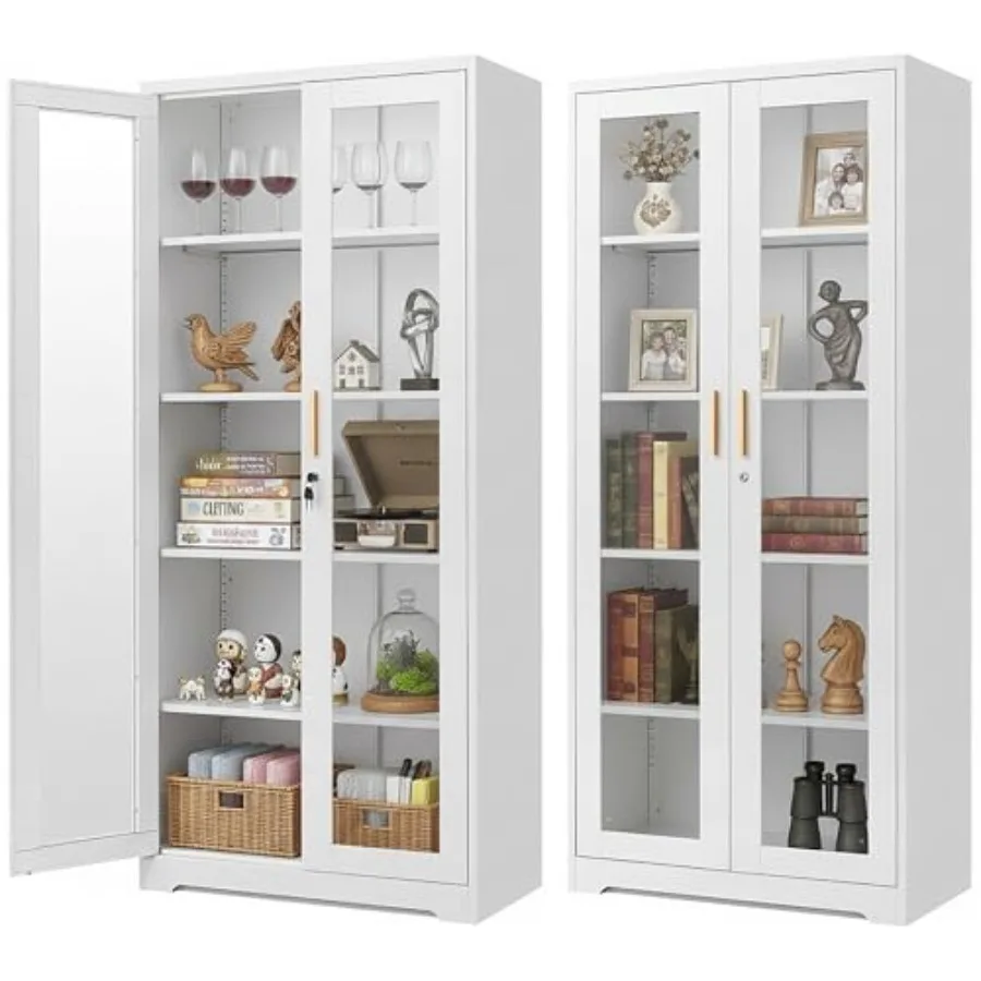 Home curio display cabinet with glass doors, metal construction, black finish, locking tall design for collectibles, trophies l