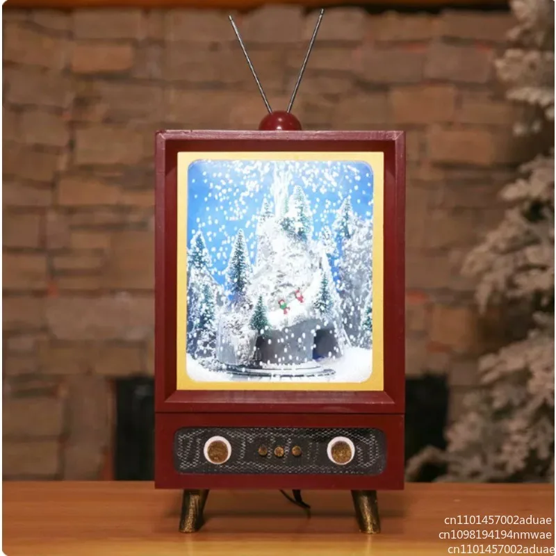 Indoor Polyresin Antique Santa Skiing Scene Tv Cabinet Christmas Decoration with Snowing Inside