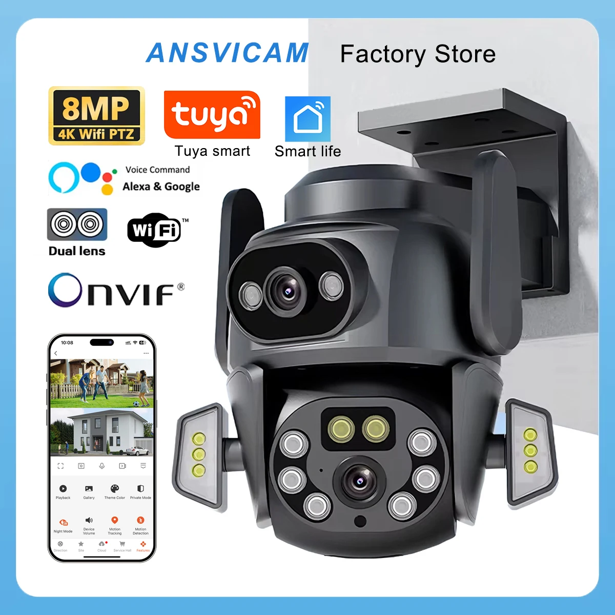 4K 8M Dual Lens WIFI IP Camera Tuya smart APP PTZ with Onvif NVR AI Body Automatic Tracking Night vision IP66 Outdoor camema