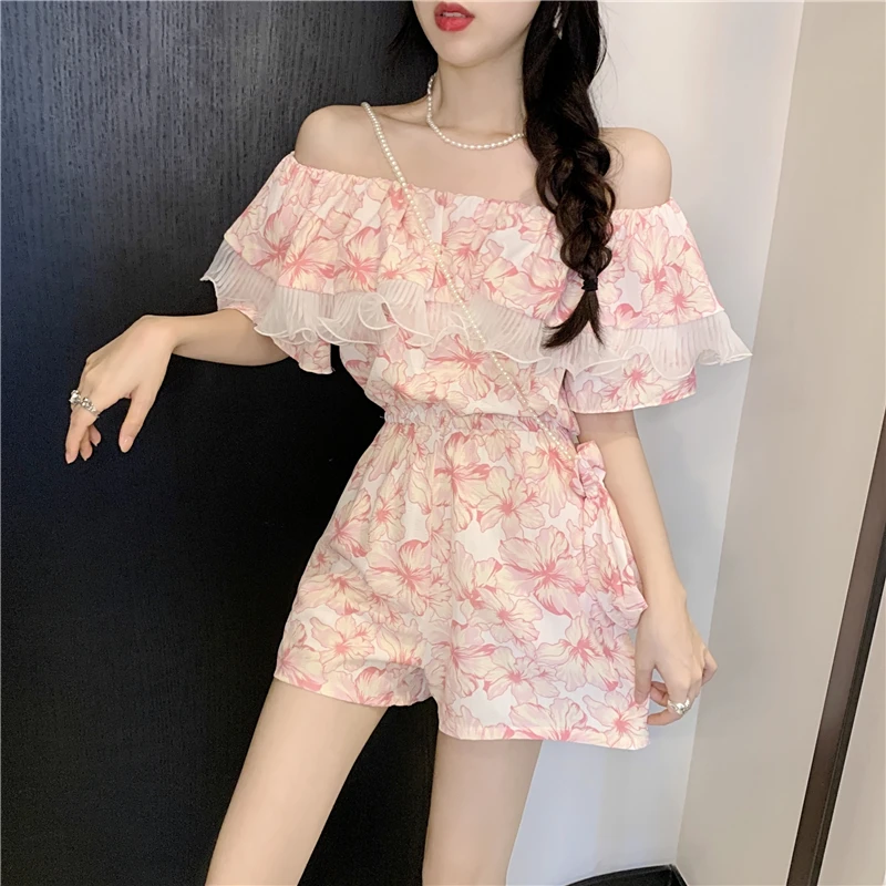 

Vintage Romantic Floral Rompers Off Shoulder Ruffles Elastic Waist Short Jumpsuit 2024 Beach Vacation Bodysuits Summer