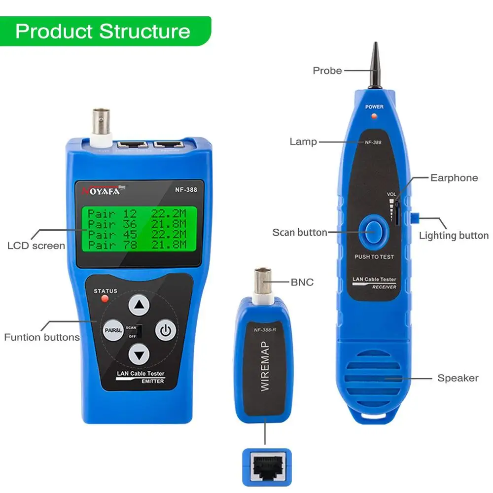 كابل اختبار المقتفي شبكة إيثرنت LAN Cat5 Cat6 الهاتف محوري 8 الرافعات البعيدة اختبار RJ11 RJ45 BNC الموصلات نقطة مكسورة