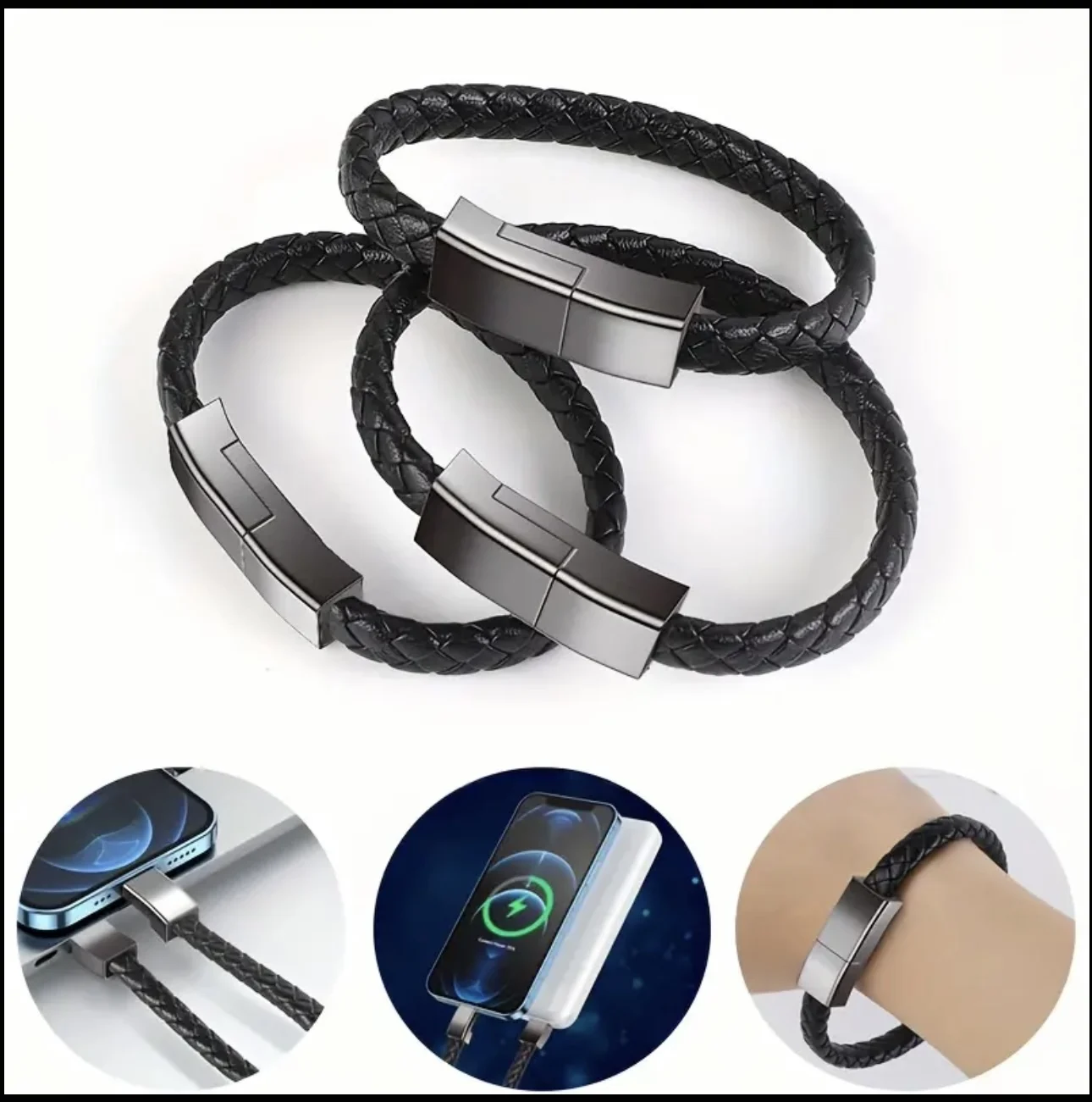 Wearable USB Charging Cord Bracelet Cable Braided Artificial Leather Wrist Data For iPhone Type-c Best Gift Christams New Year