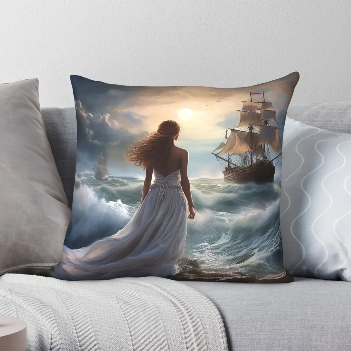 Woman Watching Ship Sailing In Rough Seas Pillowcase Polyester Linen Velvet Pattern Zip Decor Pillow Case Car Cushion Cover