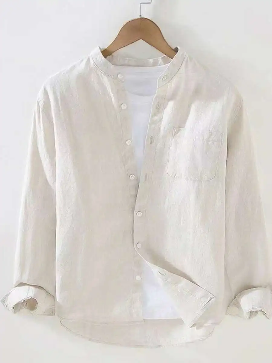 

Autumn Men's Long Sve Linen Casual irt Loose Cotton Linen Loose Fit Men's Casual Top Outerwear Daily Wear Stand Collar