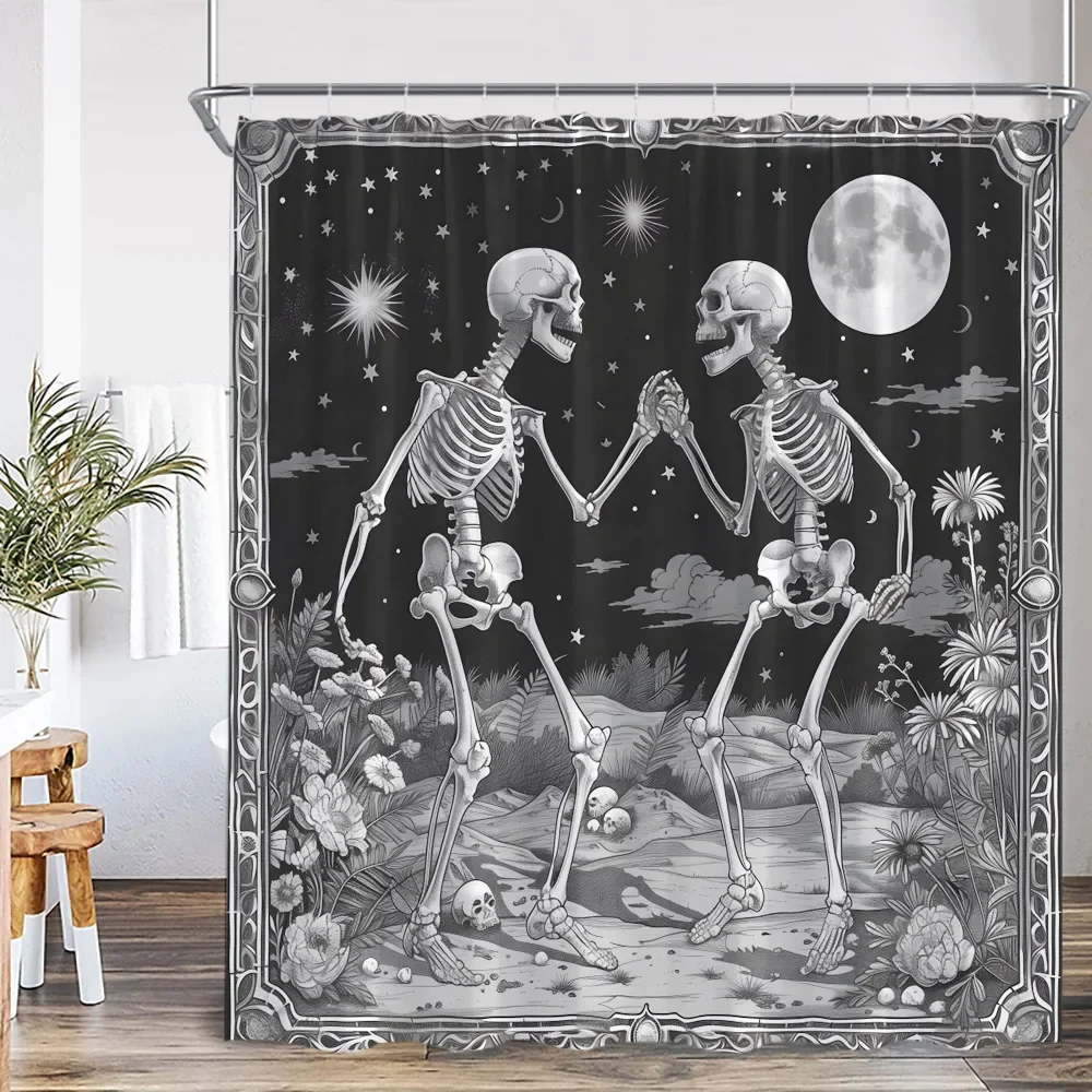 Halloween Skeleton Couple Shower Curtain Vintage Happy Halloween Haunted House Pumpkin Scary Bathroom Polyester Bath Curtain