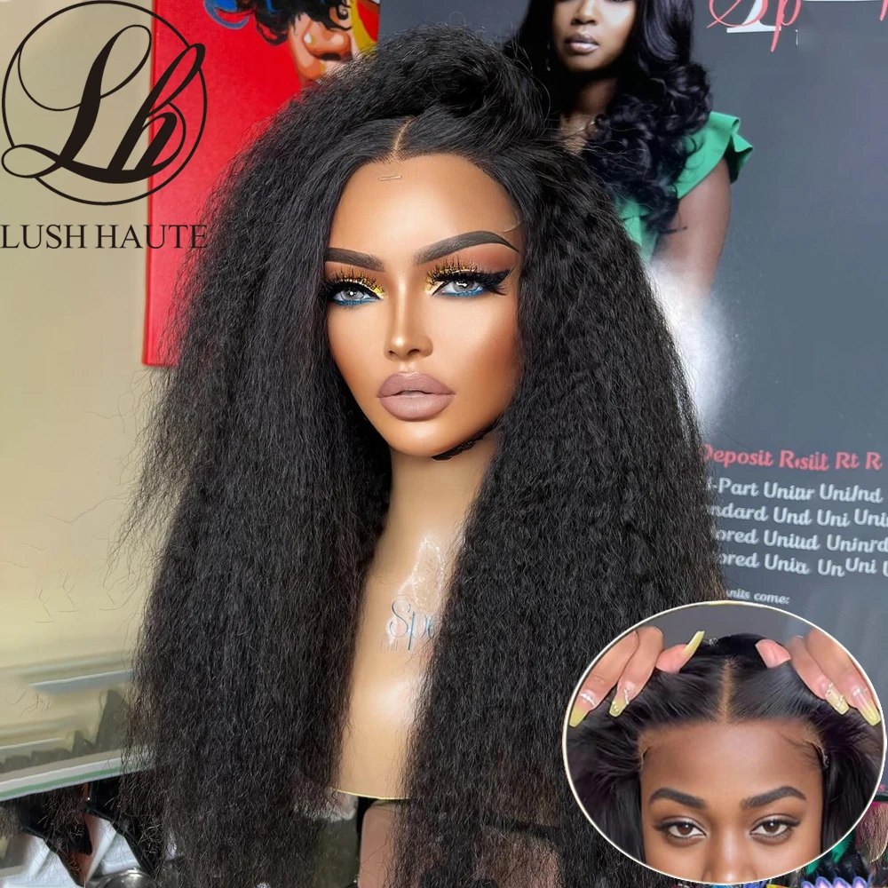 Easy To Wear Glueless Wig Kinky Straight 4x4 Lace Closure Wigs Synthetic Reddish Brown /Black Yaki Straight Lace Frontal Wig