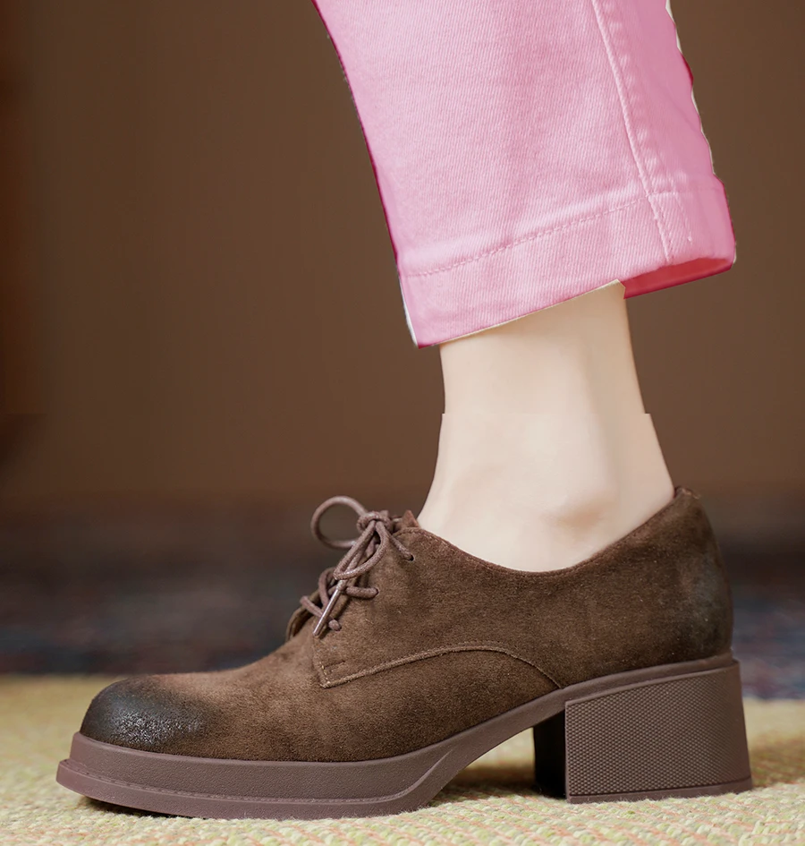 LIHUAMAO Suede cow leather lace up casual shoes women oxford shoes footwear outdoor walking work shoes  party