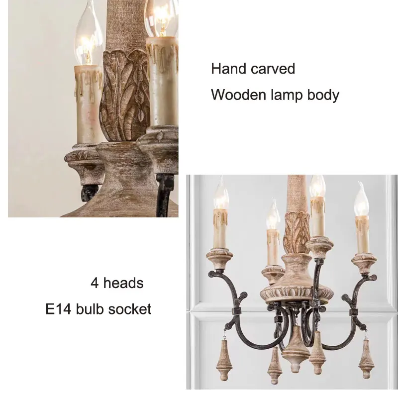 Lustre de madeira retrô francês com 4 cabeças, sala de estar, sala de jantar, quarto, villa americana, decoração de ferro personalizada, luminária pendente