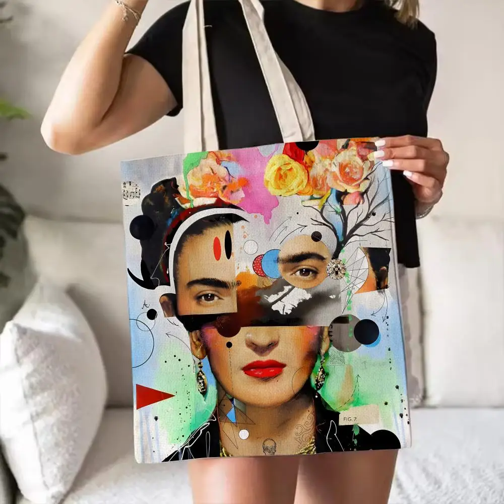 Art F-Frida Kahlo Storage Bags Double-Sided Print Canvas Tote Bag Fashion Large Capacity Women's Shoulder Handbag