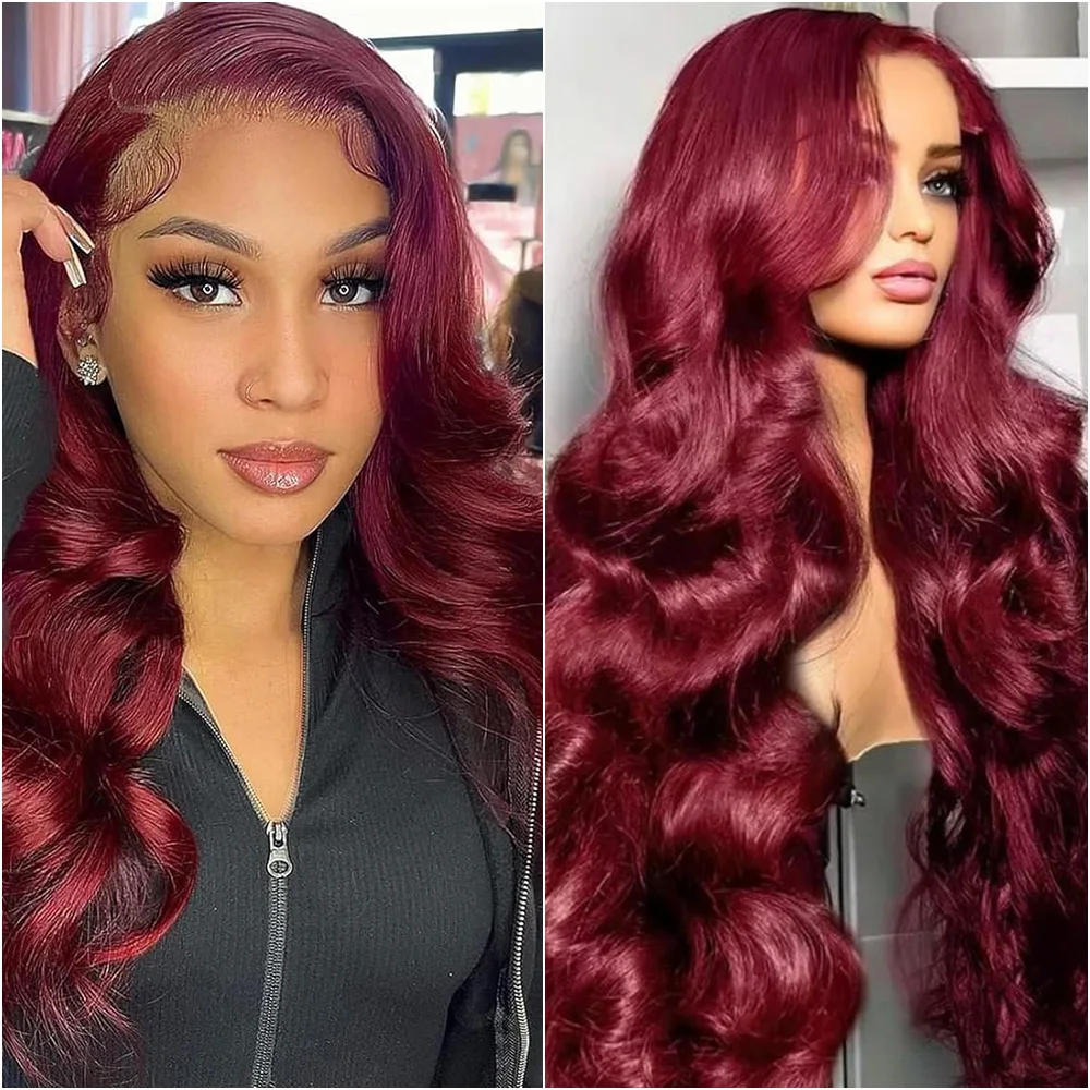 

Парик из натуральных волос Body Wave 99J Burgundy с HD-кружевной основой 13x6, плотность 220%, прозрачный фронтальный кружевной парик 13x4, цветные парики для женщин
