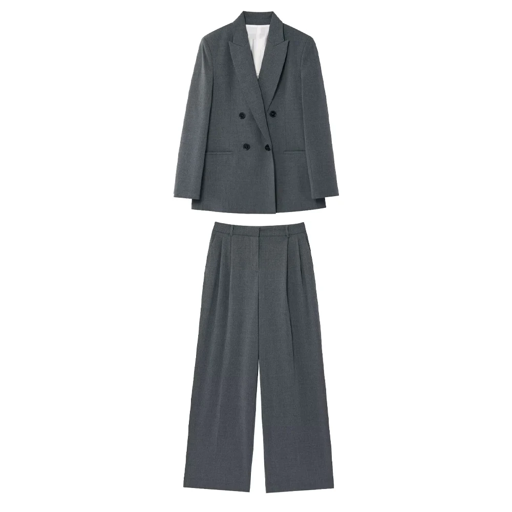 Women's clothing with shoulder pads double breasted long sleeved suit jacket spring and summer new high waisted pants