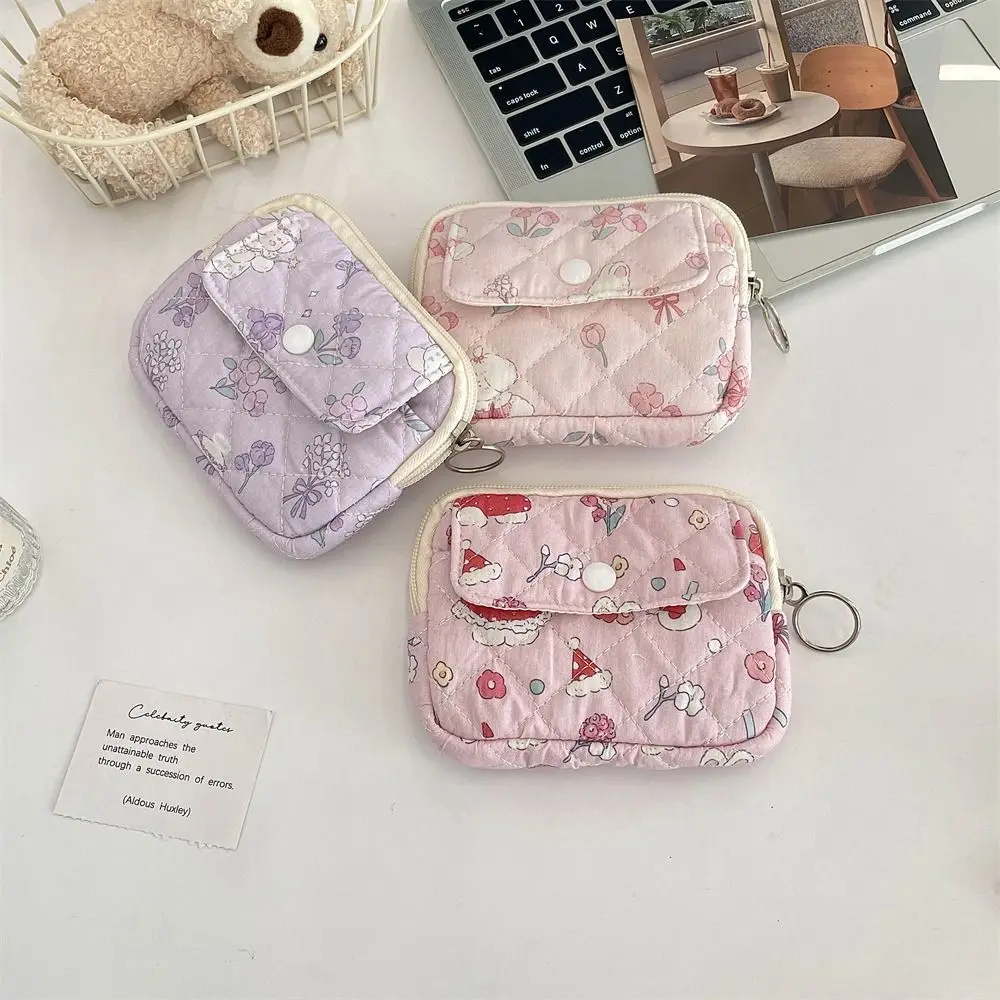 Kawaii Floral Coin Purse Cartoon Printing Korean Style Small Makeup Lipstick Bag Card Holder Jewelry Packing Bag