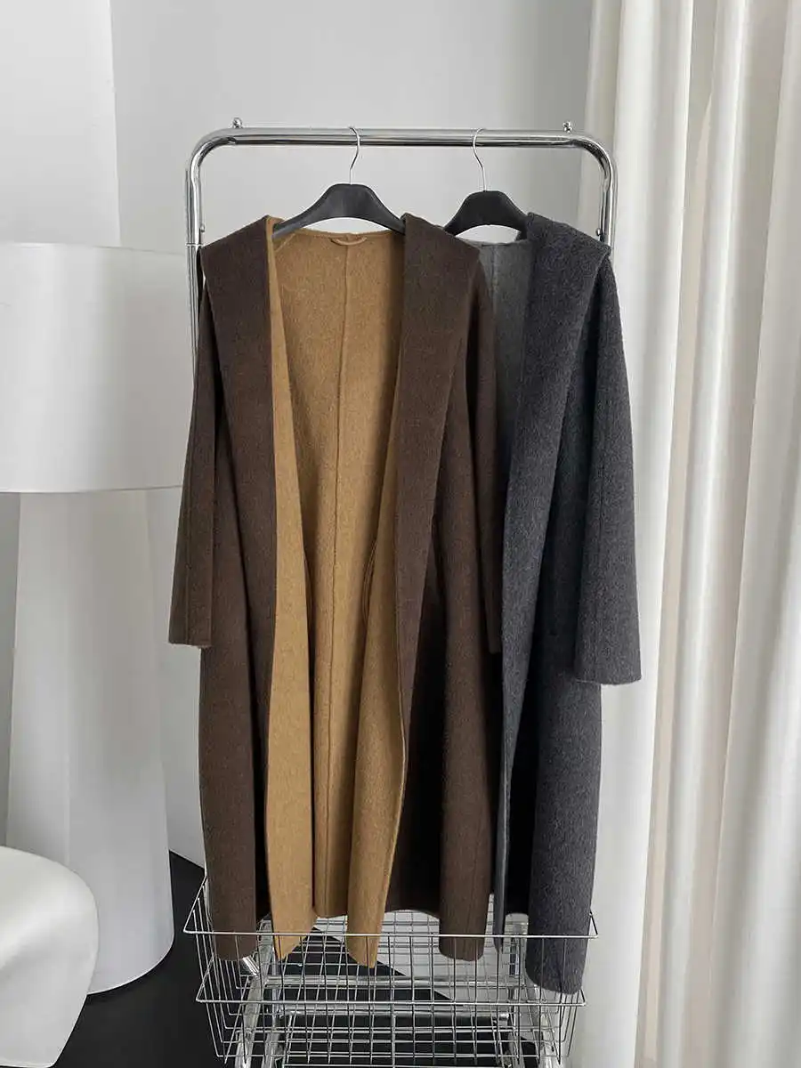 High End Quality Cashmere Coat Women'S Autumn And Winter New Handmade Double-Sided Woolen Contrasting Hooded Long Jacket