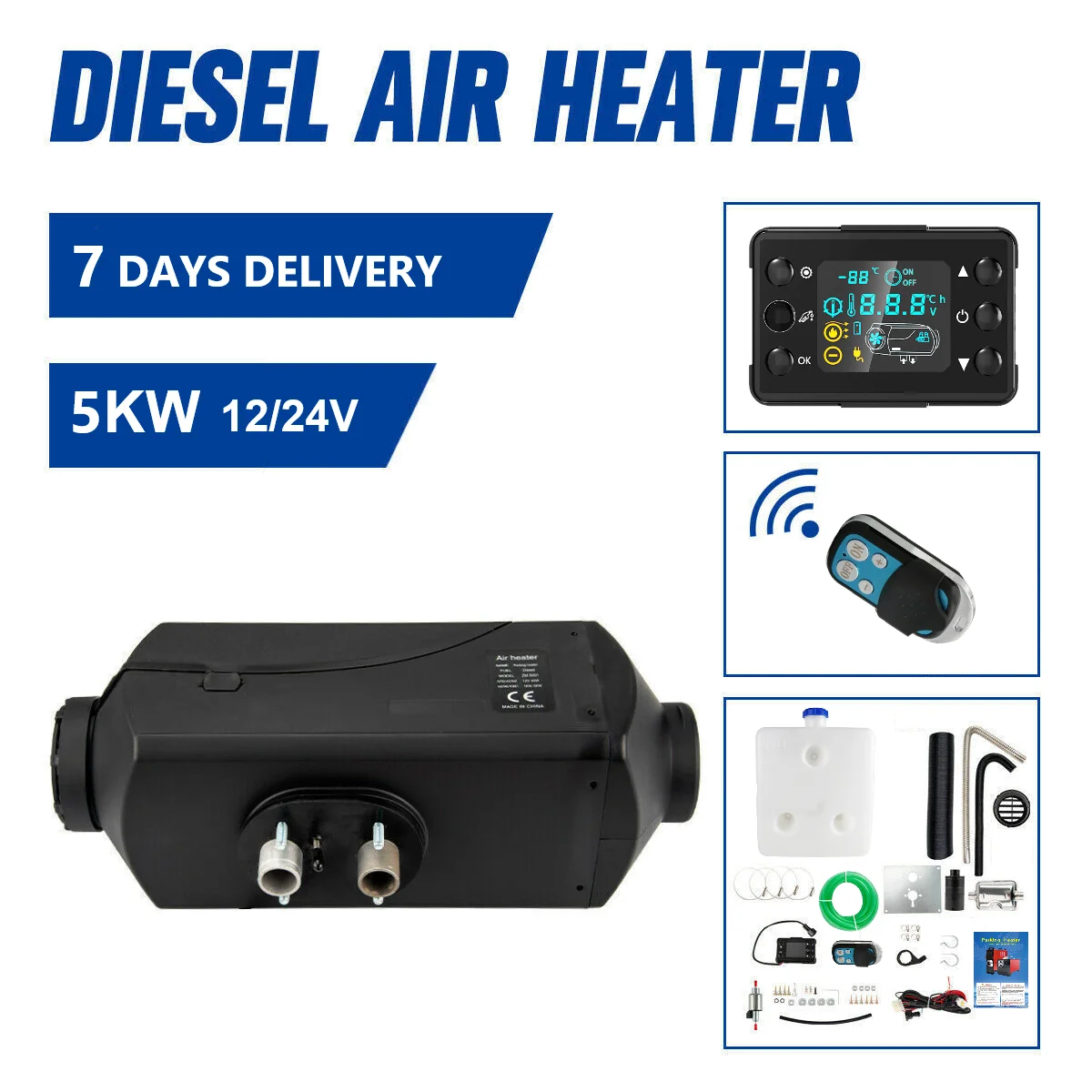 Diesel Heater 5KW 12V-24V Diesel Air Heater Low Fuel Consumption Fast Heating Defrost Defog for Campers Truck Trailer RV Boat