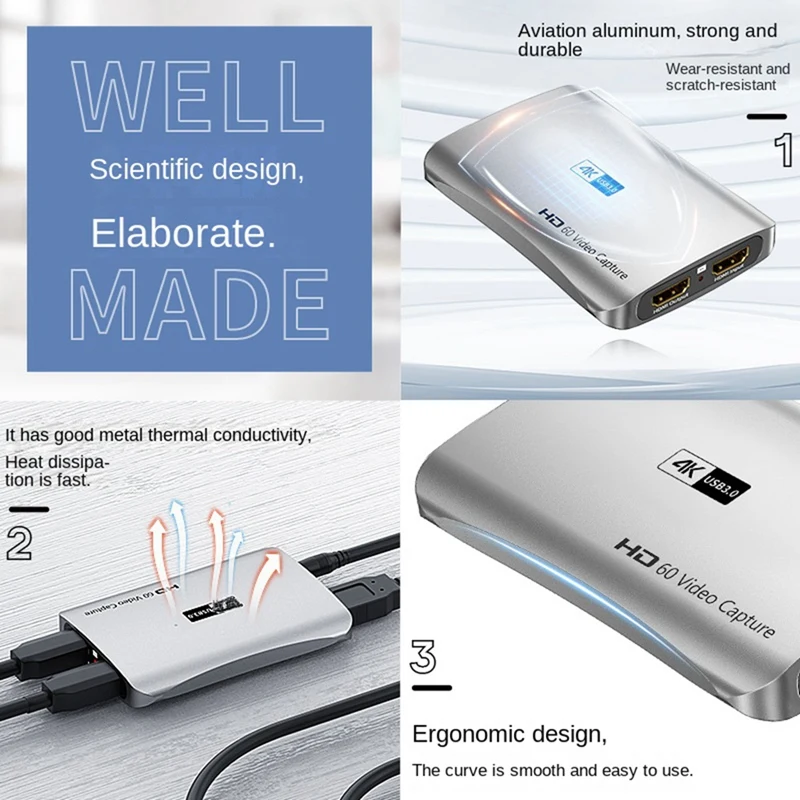 1Set 1080P 4K -Compatible Video Capture Card USB 3.01080P 60FPS HD Video Capture Card Aluminum Alloy