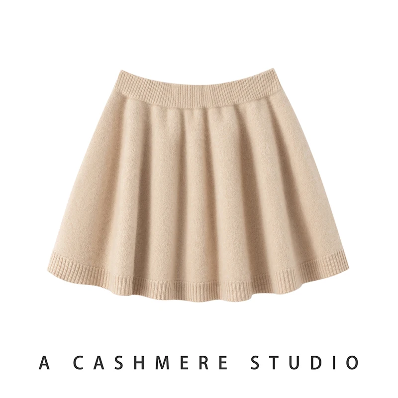 Choice Chic Women 100% Goat Cashmere Pleated Skirt Solid Elastic Waist Mini A-Line Skirt Autumn Winter Knitted Umbrella Dress