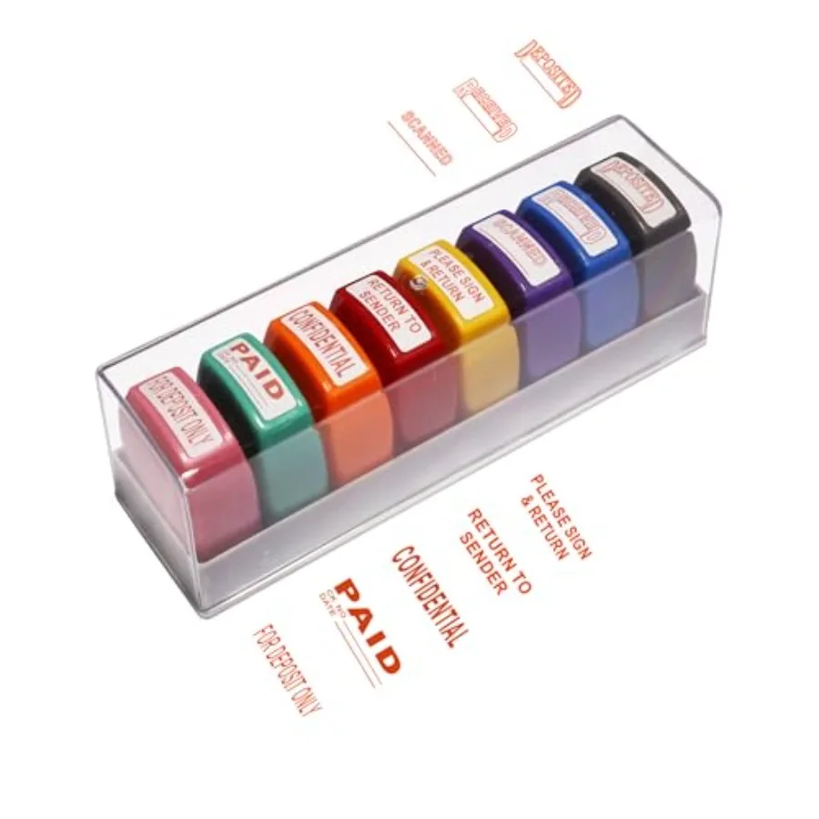 Office Stamps Set 8-Pack Self-Inking Business Stamp for Office Document Reply Quick Work Info Handling Stamp with Storage Tray
