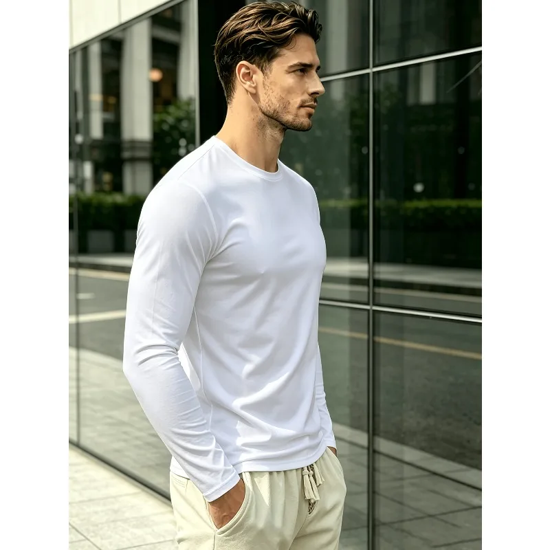Solid Round Neck Long Sleeve T-Shirt. Casual T-Shirt for Outdoor Sports, Casual Outdoor Wear, Shaping Top for Gym. Fashionable view 4