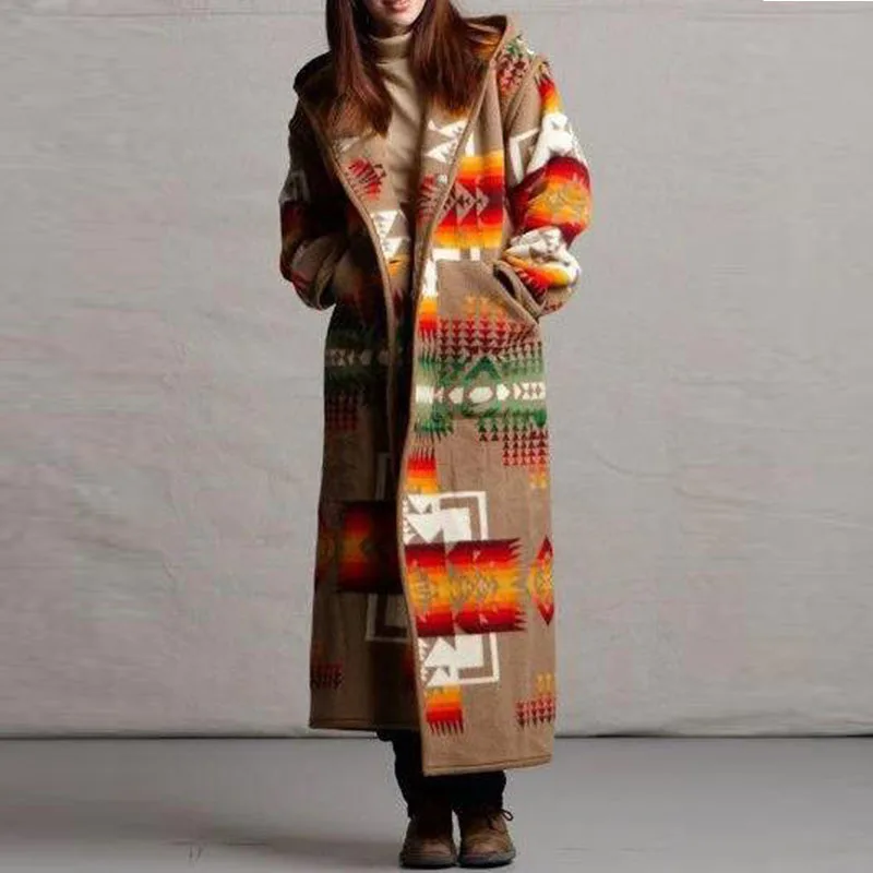 Womens  Fashion Ethnic Style Boho Printed Hooded Long Coat Loose Outwear Match Colors Plus Size S-5XL