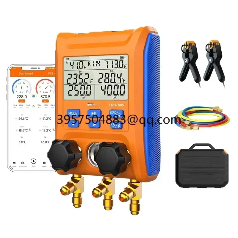 LMG-10W Wireless Digital Manifold Gauge Set Data Logging Refrigerant HVAC Gauges with Hoses, Thermometer Clamps