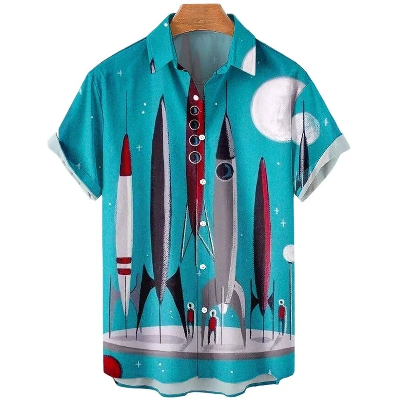 Rocket Graphic Shirts for Men Clothing 3D Printed Hawaiian Vacation Beach Shirt Lapel Blouse Summer Casual Clothes Tops Chemise