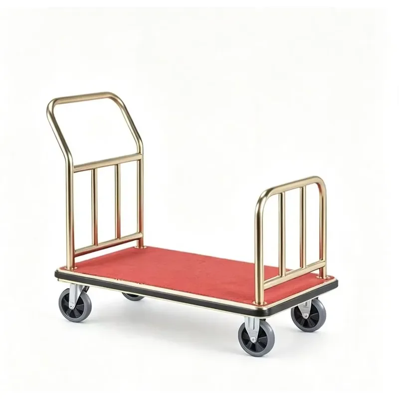 Hotel Luggage Cart Lobby SS Gold Veneer Flat Bottom Transporter Silent Wheel Heavy Duty Trailer