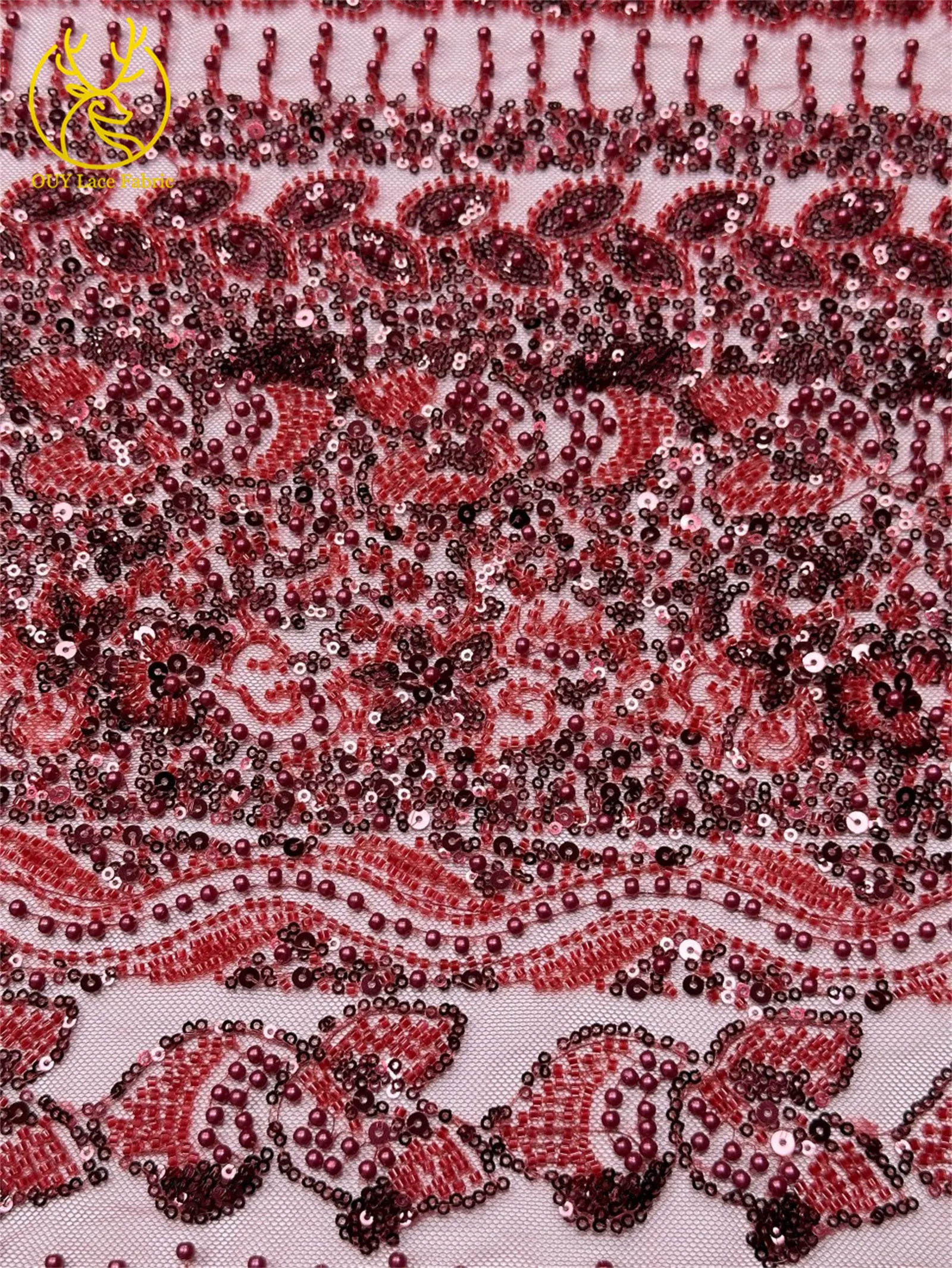 Roter Bräutigam-Perlen-Spitzenstoff 2026 Neuester französischer afrikanischer Mesh-Pailletten-Spitzenstoff Nigerianischer Tüll-Spitze für Brautparty-Kleider – Detail 9