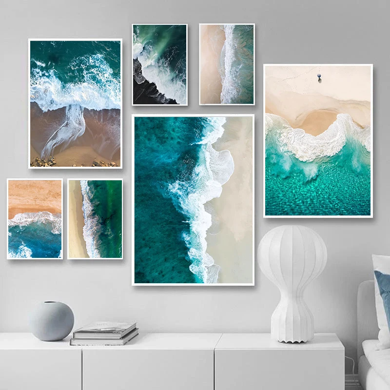 Póster nórdico moderno y refrescante con paisaje marino, ondas del océano, pintura en lienzo e impresión, imagen artística de pared para decoración de sala de estar sin marco
