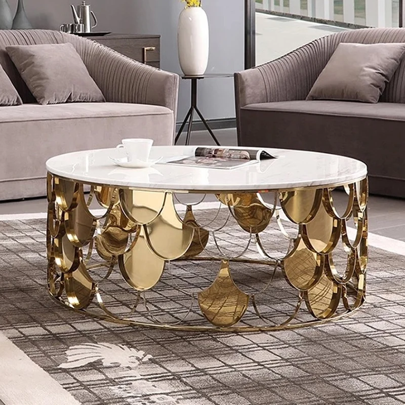 Miwo Furniture Family Living Room Furniture Reception Hall Round Metal Stainless Steel Tempered Glass Deluxe Mirror Gold Small C