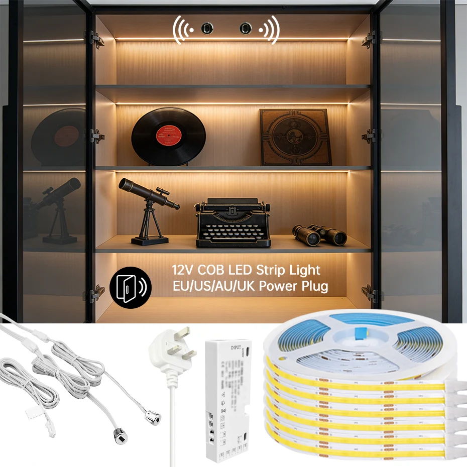 1M-5M LED Cabinet Strip DC12V COB Strip  with Double Door Sensor Switch Auto ON/OFF for Kitchen Shelf Pantry Showcase Lighting