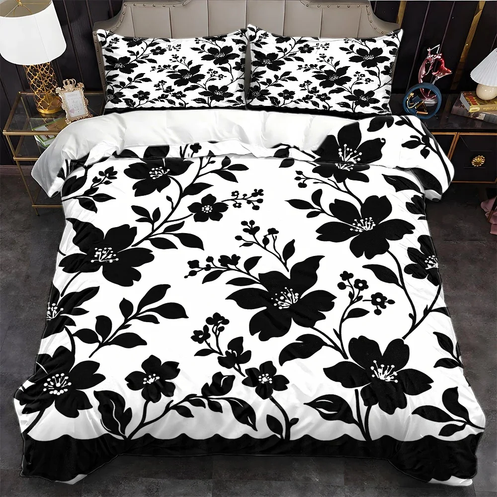 3Pc Classic Black and White Floral Duvet Cover Set, Three-Piece Bedding Set (1*Duvet Cover + 2*Pillowcases), Suitable for All Seasons, Machine Washable, Invisible Zipper Design, Large Double Bed Cover Set, Suitable for Home, Dorm, Master Bedroom, Guest Room, Fashionable Plant Print Bedding Set, Skin-Friendly Breathable Bed Sheet Set, Bedroom Three-Piece Bedding Set, Simple American Style Bedding Set, Easy Care and Durable Bedding Set, 2D Flat Print