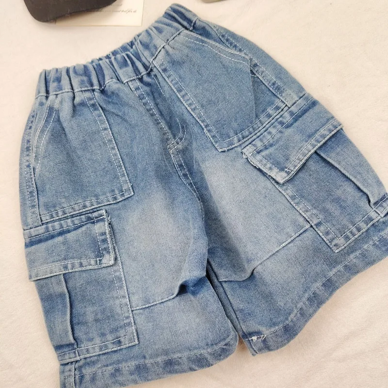 New Boys Shorts Summer Children Fashion Denim Shorts Kids Casual Loose Multi-Pocket Cargo Pants for 2-10Y Teenager Outdoor Jeans