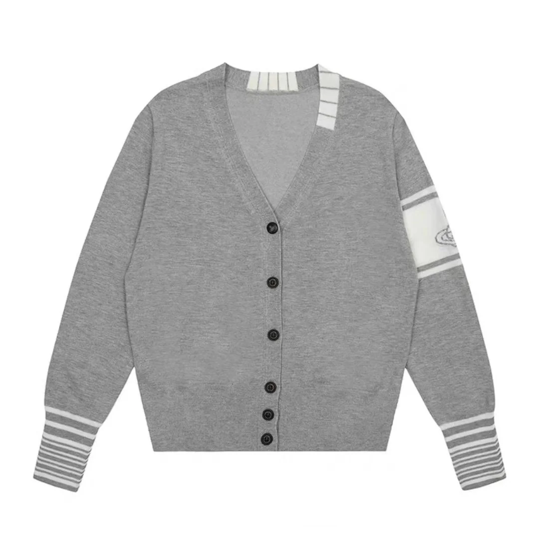 2024 Vivi Xiempress Jacquard Stripe Contrast Color V-neck Knit cardigan Women Spring and Autumn New Soft Glutinous Outdoor